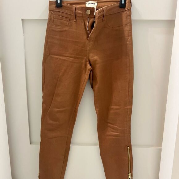 L'AGENCE Sabine HighRise Ankle Coated Skinny Jeans in Brown Gold ankle zip Sz 26 - Picture 4 of 10